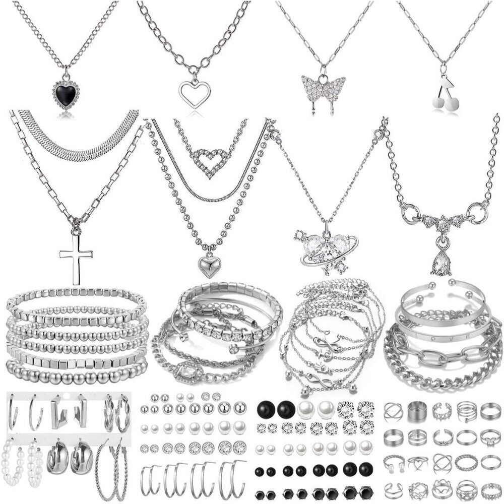 92 pcs Silver Plated Jewelry Set with Necklaces Bracelets Earrings Rings Women